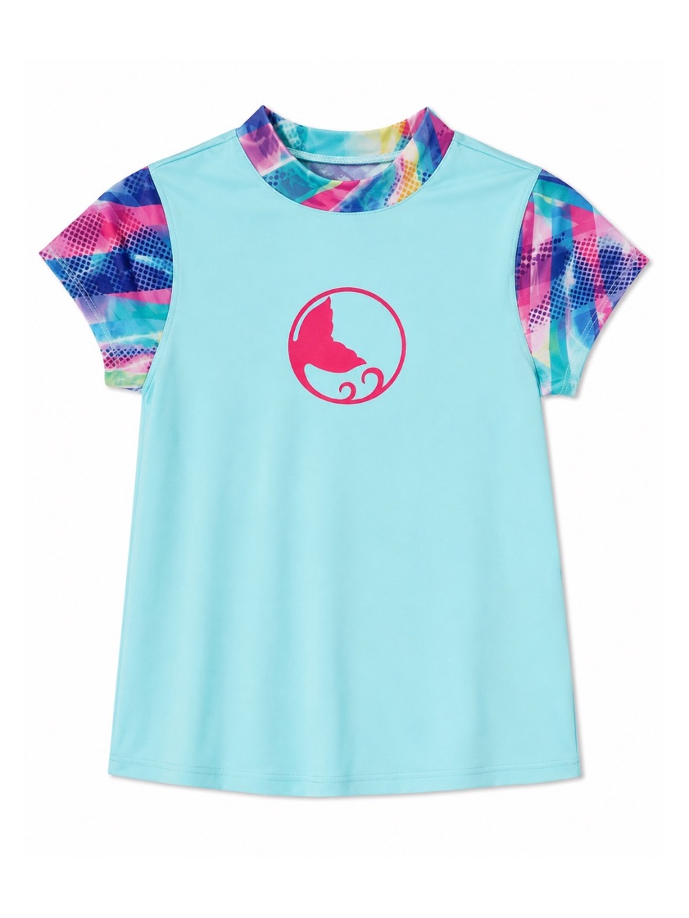 Reel Legends Turquoise & Rainbow Mock Neck Short Sleeve Rashguard Girls Size 16